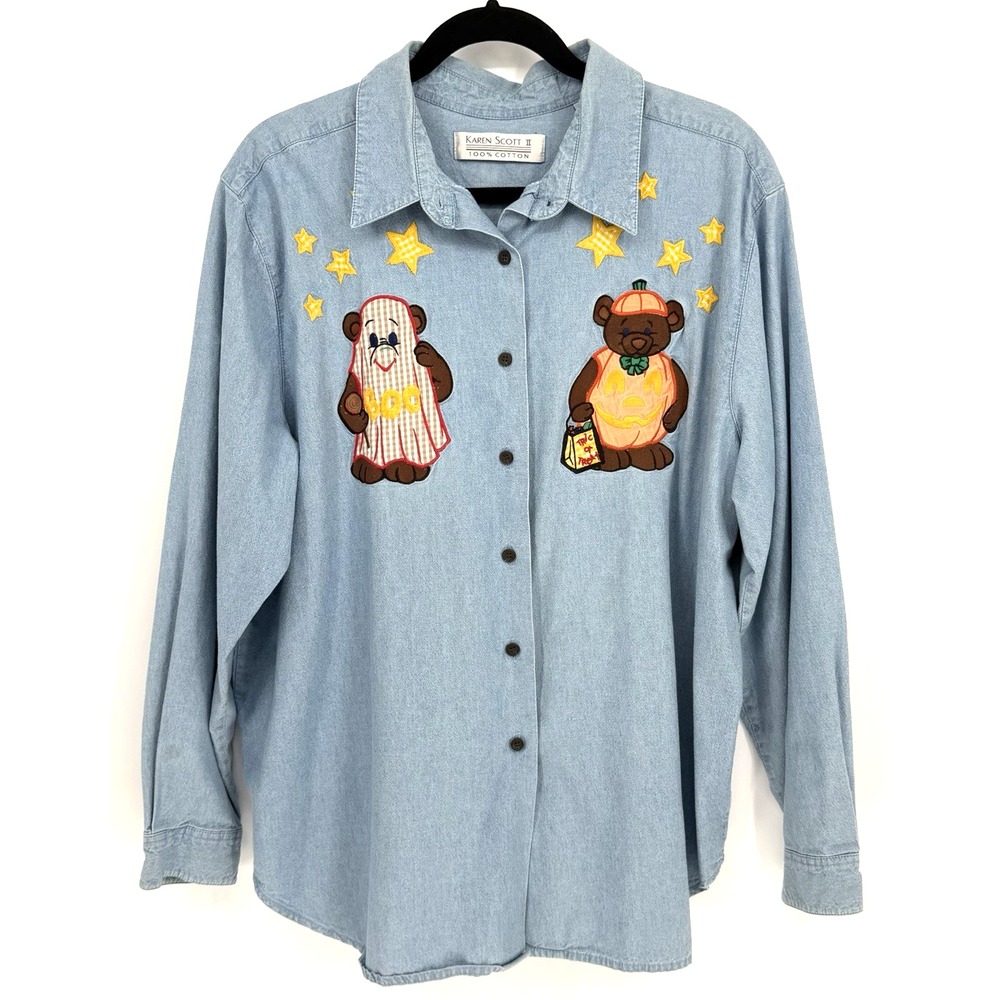 Vtg Denim Button Up Shirt Halloween Teddy Bear Embroidered Novelty Womens 2XL